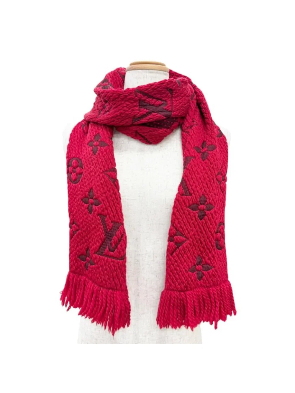 Louis Vuitton Echarpe Logo Mania Wool Silk Ruby Monogram Fringe Scarf